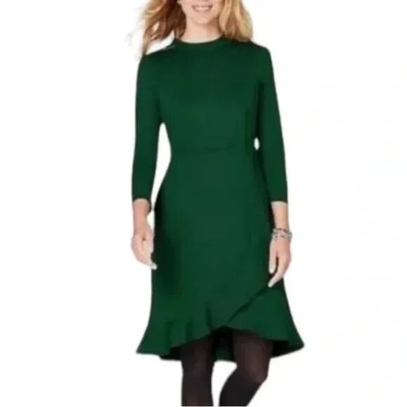 J. Jill Forest Green Ponte Knit Dress Ruffle Large Preppy Career Date Night Fun - Picture 1 of 6